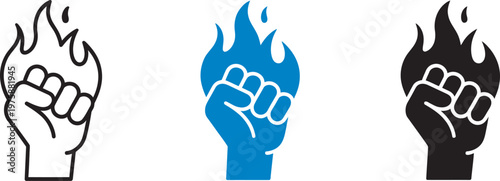 Empowerment icon, strength symbol raised fist with flame, motivation and power concept, leadership, personal growth, confidence, inspirational business illustration