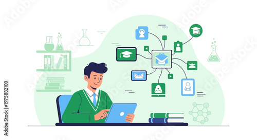 A cartoon illustration representing online education with a student using a tablet in the home