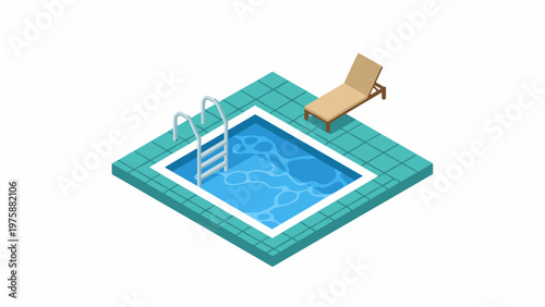 Isometric Swimming Pool with Ladder and Sun Lounger on White