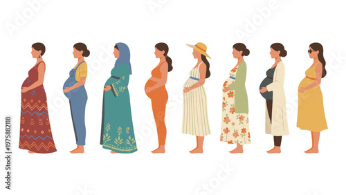 Diverse Pregnant Women Standing in a Row Isolated on White