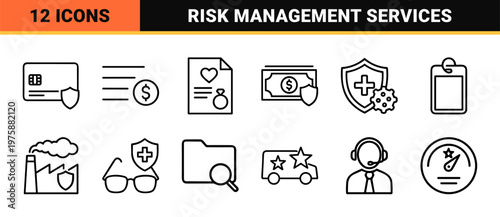Insurance and risk management outline icons for business and finance