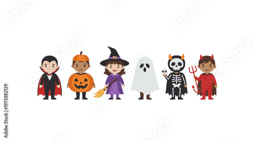 Children in Halloween costumes isolated on white background