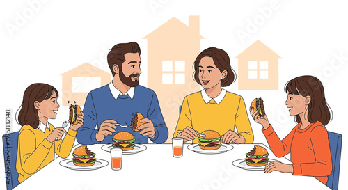 A family sharing a burger meal together at home with a backdrop of simple houses illustration