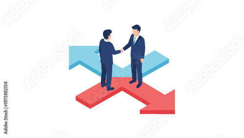 Businessmen Shaking Hands at Crossroad Isometric Illustration