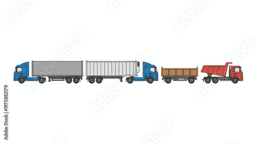 Commercial Heavy Trucks and Trailers Set Isolated on White Background