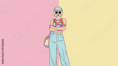 Pop art woman with blue hair and headphones on split background