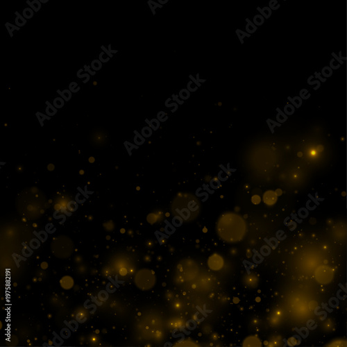 Gold dust particles shine with soft warm illumination. Bokeh glow enhances luxury festive visual composition. Ideal for modern graphic overlay work.