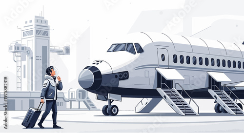 A futuristic illustration of a traveler with luggage heading towards a unique aircraft