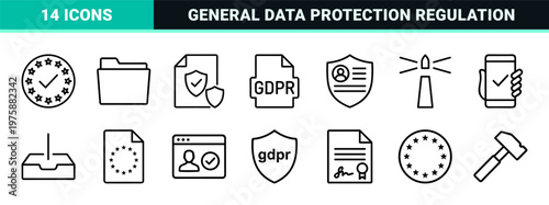 Minimalist digital security and gdpr privacy policy line icon set