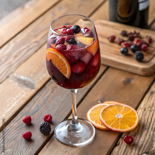 Holiday Sangria Cocktail with Berries, Orange, and Peaches on Rustic Wood for Celebration.