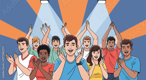 A group of excited diverse people cheerfully clapping hands with spotlights shining down and