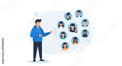 A man pointing to a group of diverse people, representing teamwork, networking, and social
