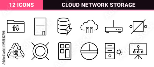 Minimalist data exchange and cloud computing network icon set