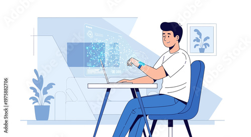 A relaxed man works from home on a futuristic project, using cutting-edge technology to innovate