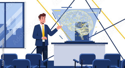A presenter discussing the intricacies of the human brain through a holographic interface in a