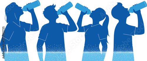 Silhouettes of four people drinking from bottles with bubbly water vector illustration