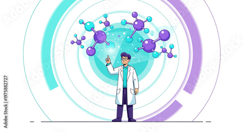 A scientist in a lab coat presenting molecules within a futuristic interface illustration