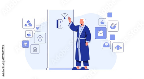 A senior man interacts with a smart refrigerator in a connected digital home interface