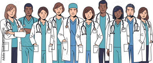 Diverse Medical Team Vector Illustration Featuring Doctors and Healthcare Professionals in Scrubs and Lab Coats for Healthcare, Clinic, and Hospital Designs