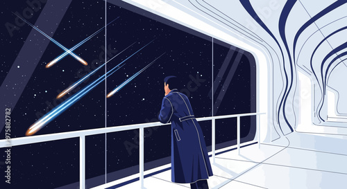 A solitary figure gazing at a celestial display from a futuristic space station observation deck