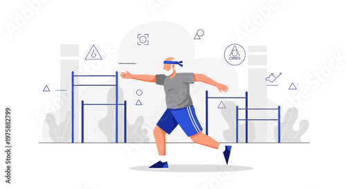 A spirited older man runs with determination in a modern, abstract fitness setting