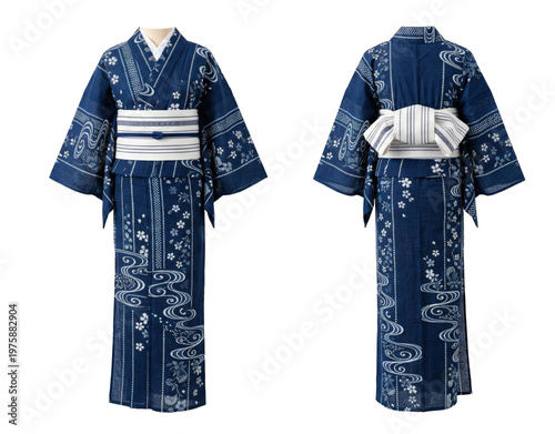 Obraz na plátně Navy blue yukata with white wave and cherry blossom pattern