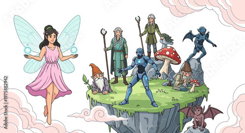 A whimsical gathering: Fairy, elves, gnomes, robot and creatures on a floating island