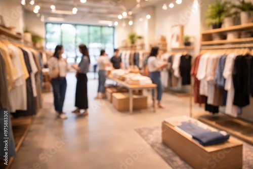Blurred background of a modern clothing store with customers shopping, showcasing a vibrant retail environment and consumer experience.