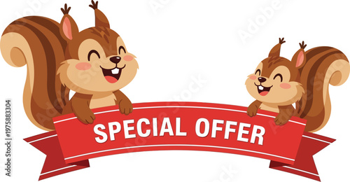 Two cheerful cartoon squirrels holding a red banner with a special offer for a business promotion or sale.