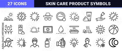 Sun protection and skincare minimalist line icons