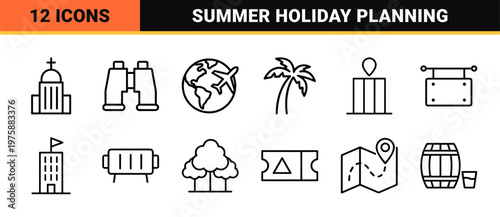 Travel and tourism line icons for vacation and holiday planning