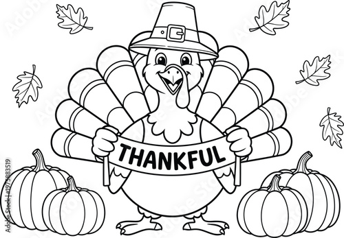 Thanksgiving turkey coloring page, Black and white outline coloring book or page for children, ready to print