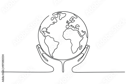 A single line drawing of earth held gently within two hands