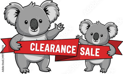 Two adorable koalas holding a red banner announcing a clearance sale on a white background