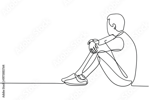 A solitary figure sits with knees drawn up in a continuous line drawing