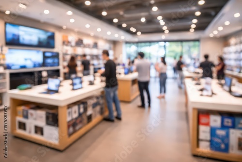 Blurred background of people shopping for electronics in a modern retail store, showcasing consumer technology and commercial activity.