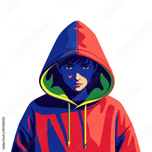 Young boy wearing a hooded sweatshirt in vibrant colors  
