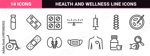 Healthcare and medical line icons set with hospital and dental symbols