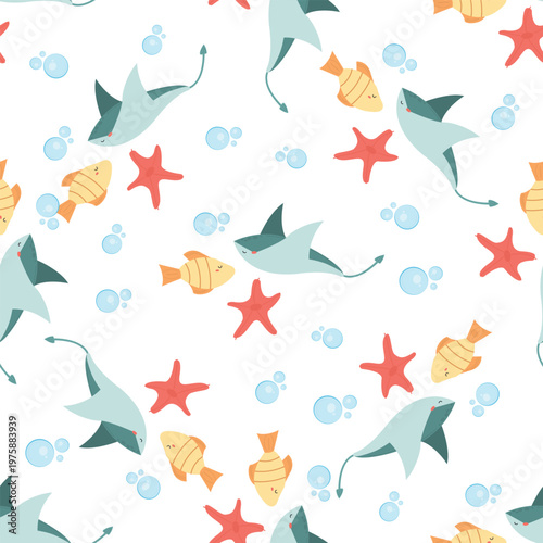 Seamless  underwater pattern with fish, stingrays and starfish vector illustration, perfect for children  products, textiles, packaging, wallpaper, and prints.