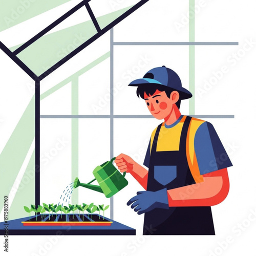Young man watering plants in greenhouse with gardening tools  