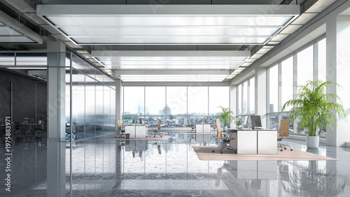Spacious modern open-plan office with large panoramic windows and minimalist white workstations. 3d illustration