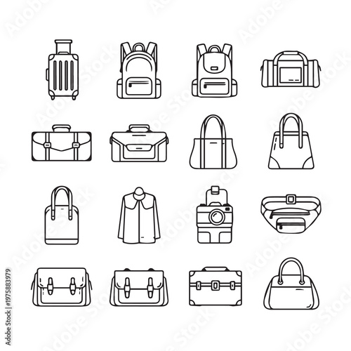 Collection of travel bags and luggage in a clean line art style for digital use