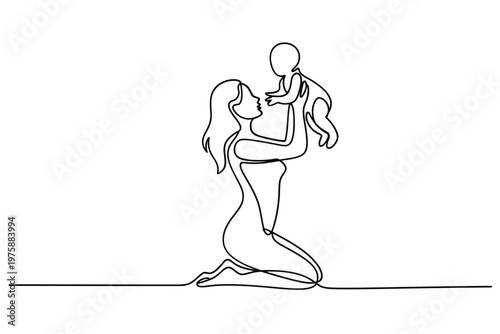 Continuous line drawing of a mother holding her baby tenderly