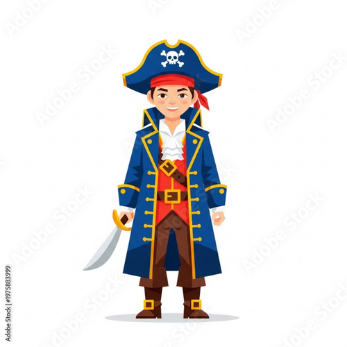 Young boy dressed as a pirate with sword and colorful costume  