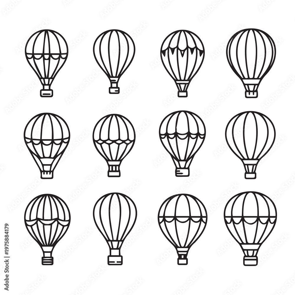 Naklejka premium Collection of twelve outline hot air balloons in a grid formation isolated on white background