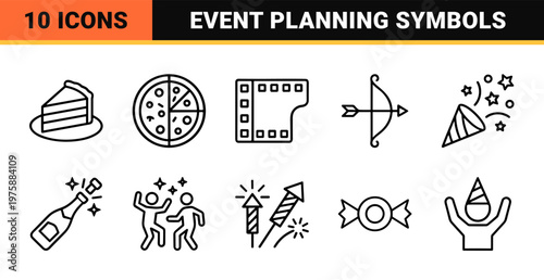 Minimalist party celebration line icons set with event and holiday symbols