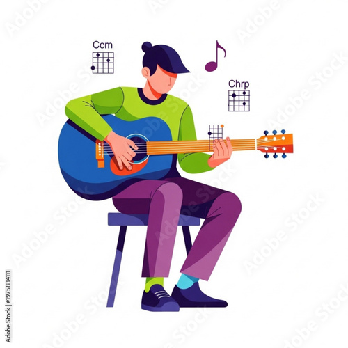 Young man playing guitar while sitting on a chair with musical notes  