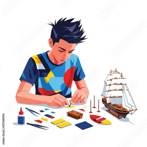 Young boy assembling model ship with colorful materials on table  
