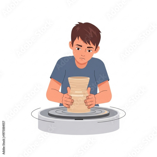 Young boy shaping clay on pottery wheel with focused expression  