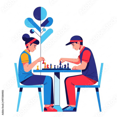 Two teenagers playing chess at a table in a bright room  